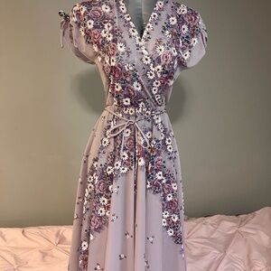 Dusty Mauve Floral Wrap Midi Dress with Self-Tie Waist